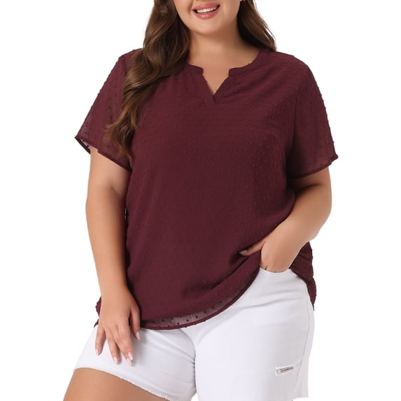 Unique Bargains Women's Plus Size Outfits Fashion Solid Pin Dots V Neck Top 2X Burgundy