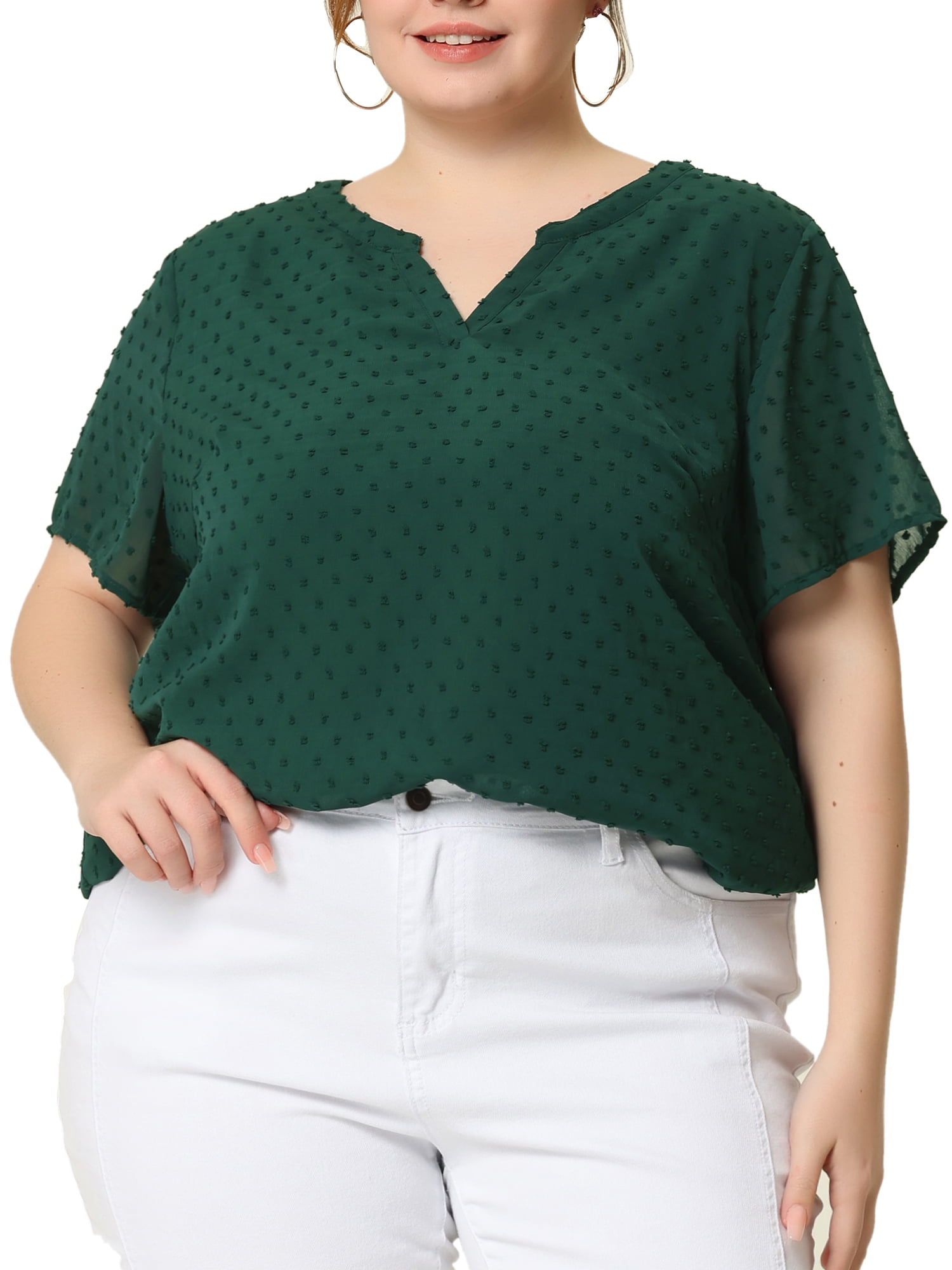 Unique Bargains Women's Plus Size Outfits Fashion Solid Pin Dots V Neck Top 2X Dark Green