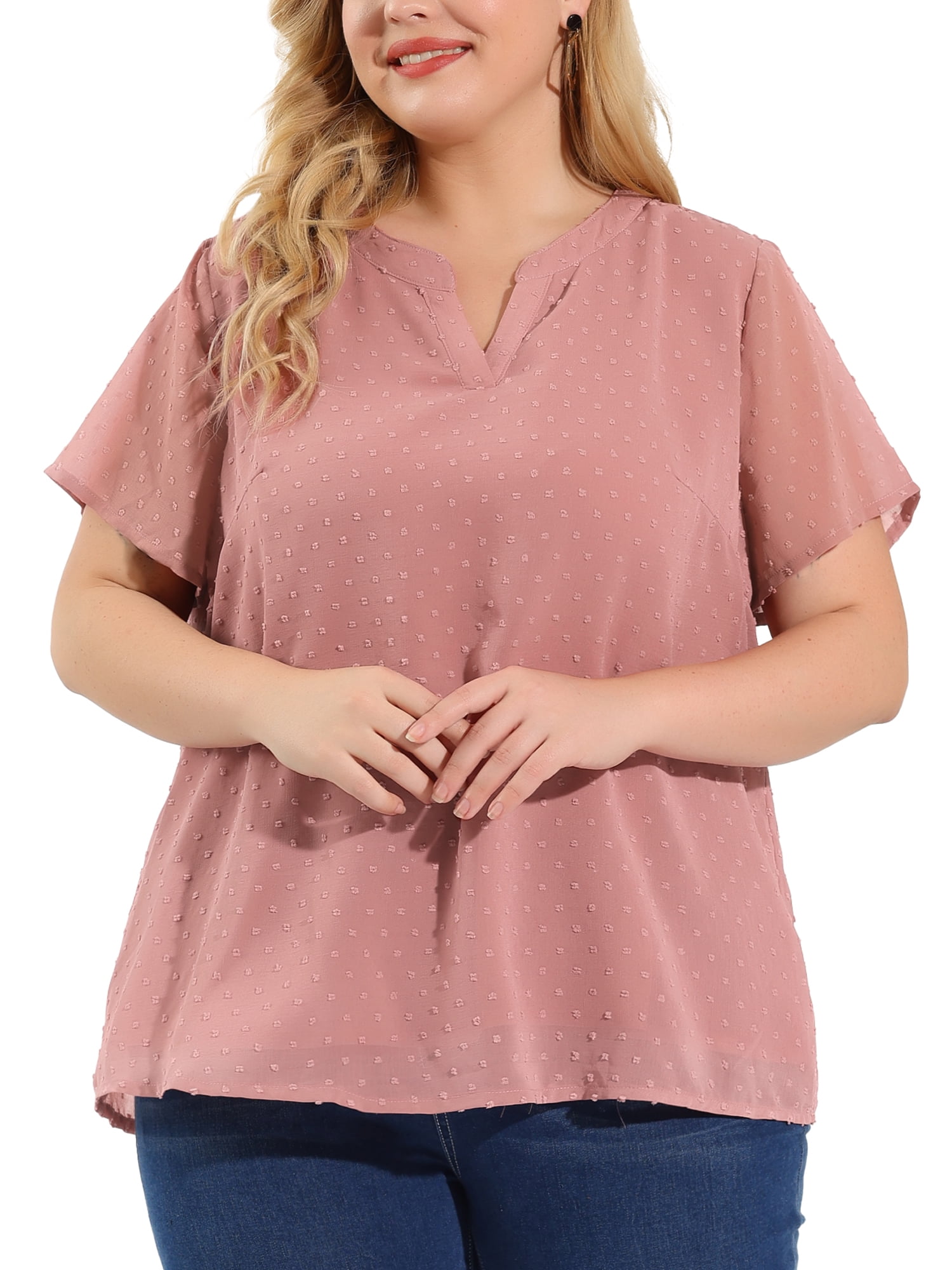 Unique Bargains Women's Plus Size Outfits Fashion Solid Pin Dots V Neck Top 2X Pink