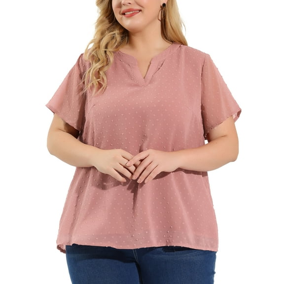 Unique Bargains Women's Plus Size Outfits Fashion Solid Pin Dots V Neck Top 2X Pink