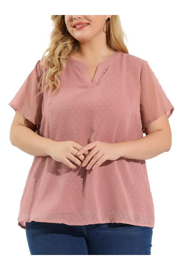 Women's Plus Size Outfits Fashion Solid Pin Dots V Neck Top 2X Pink