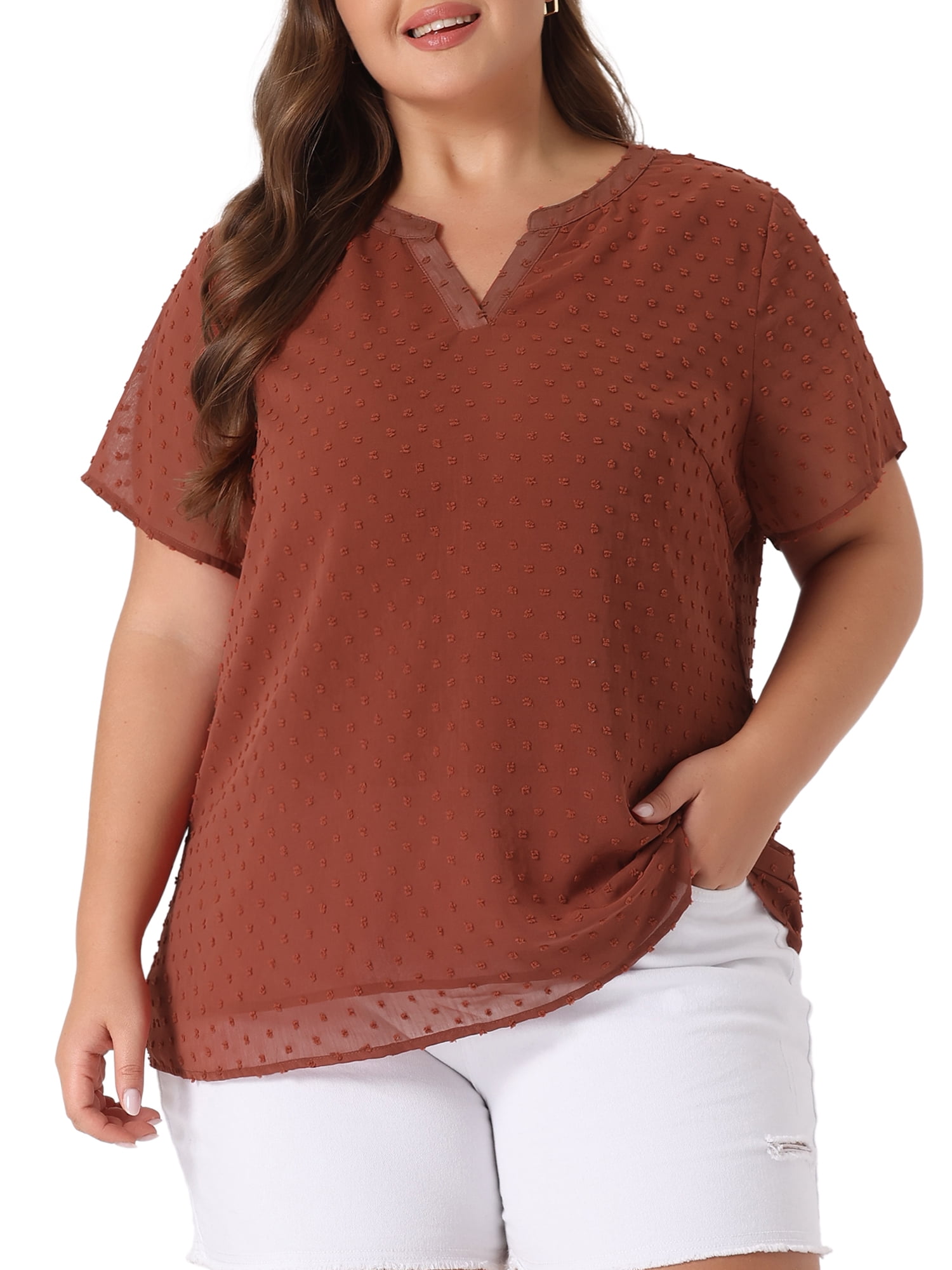 Unique Bargains Women's Plus Size Outfits Fashion Solid Pin Dots V Neck Top 3X Caramel