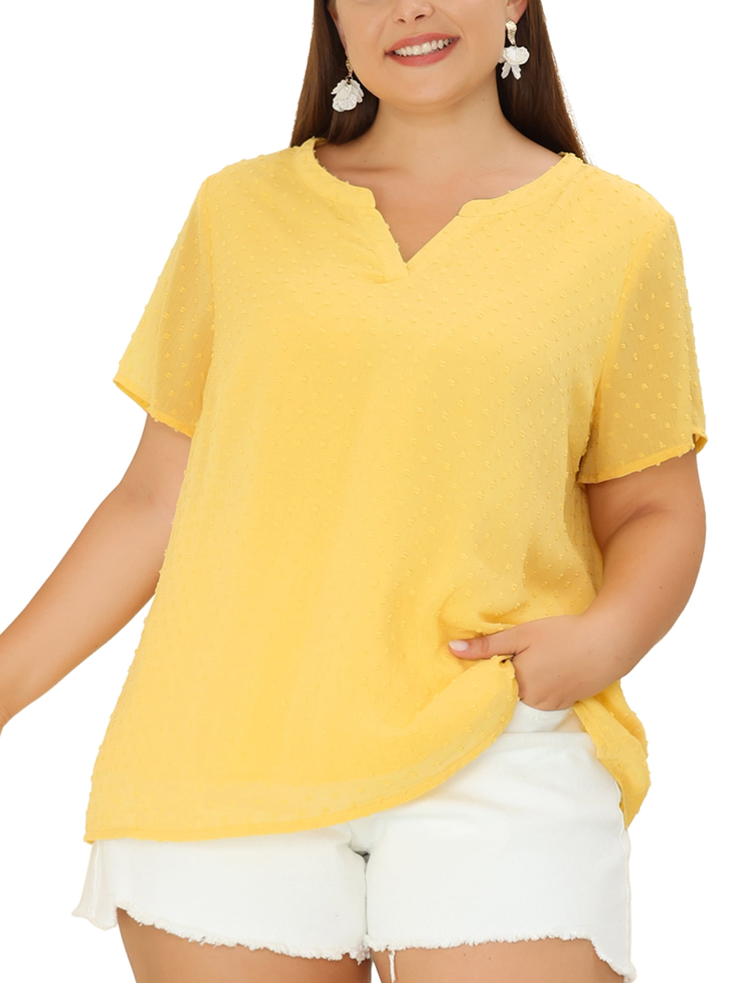 Unique Bargains Women's Plus Size Outfits Fashion Solid Pin Dots V Neck Top 3X Yellow