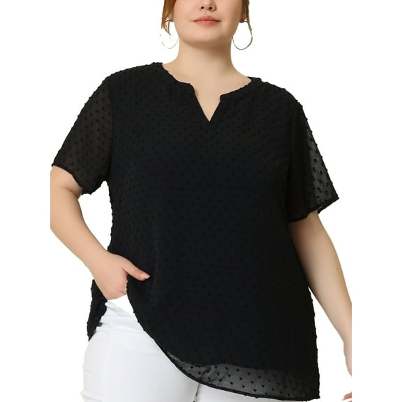 Unique Bargains Women's Plus Size Outfits Fashion Solid Pin Dots V Neck Top 4X Black
