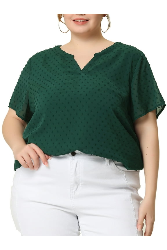 Women's Plus Size Outfits Fashion Solid Pin Dots V Neck Top 4X Dark Green