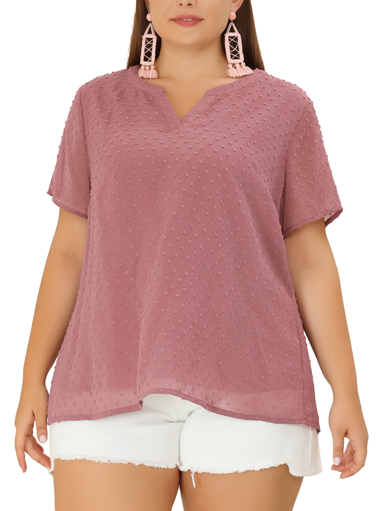 Unique Bargains Women's Plus Size Outfits Fashion Solid Pin Dots V Neck Top 4X Gray Purple