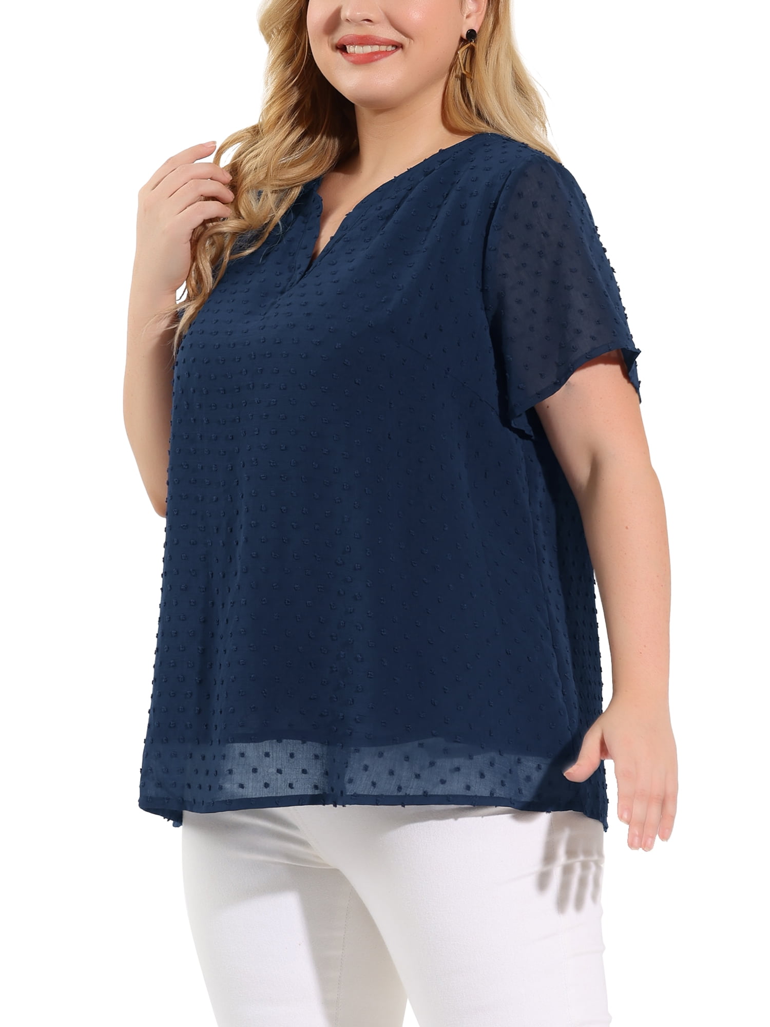 Unique Bargains Women's Plus Size Outfits Fashion Solid Pin Dots V Neck Top 4X Navy Blue
