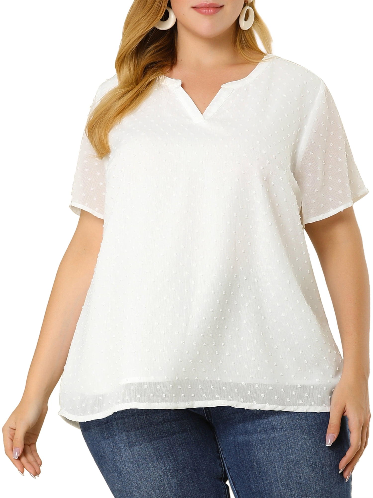 Unique Bargains Women's Plus Size Outfits Fashion Solid Pin Dots V Neck Top 4X White