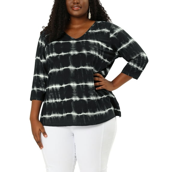 Unique Bargains Women's Plus Size Outfits Fashion Tie dye V Neck 3/4 Sleeve Tops 3X Black