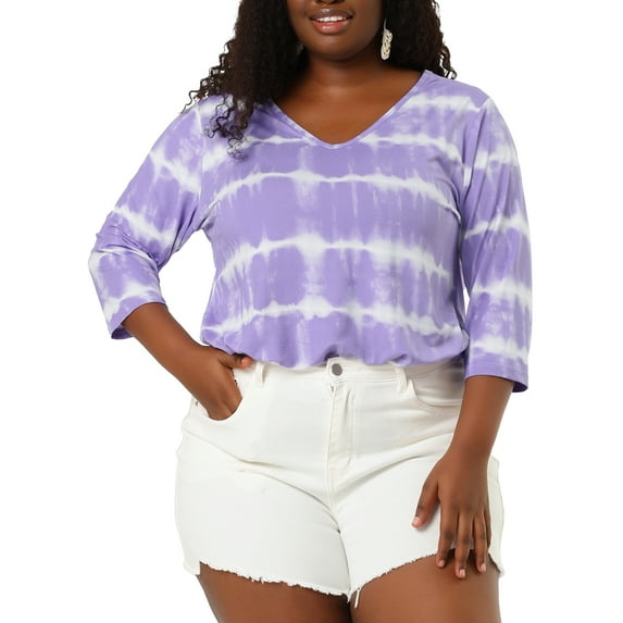 Unique Bargains Women's Plus Size Outfits Fashion Tie dye V Neck 3/4 Sleeve Tops 3X Purple