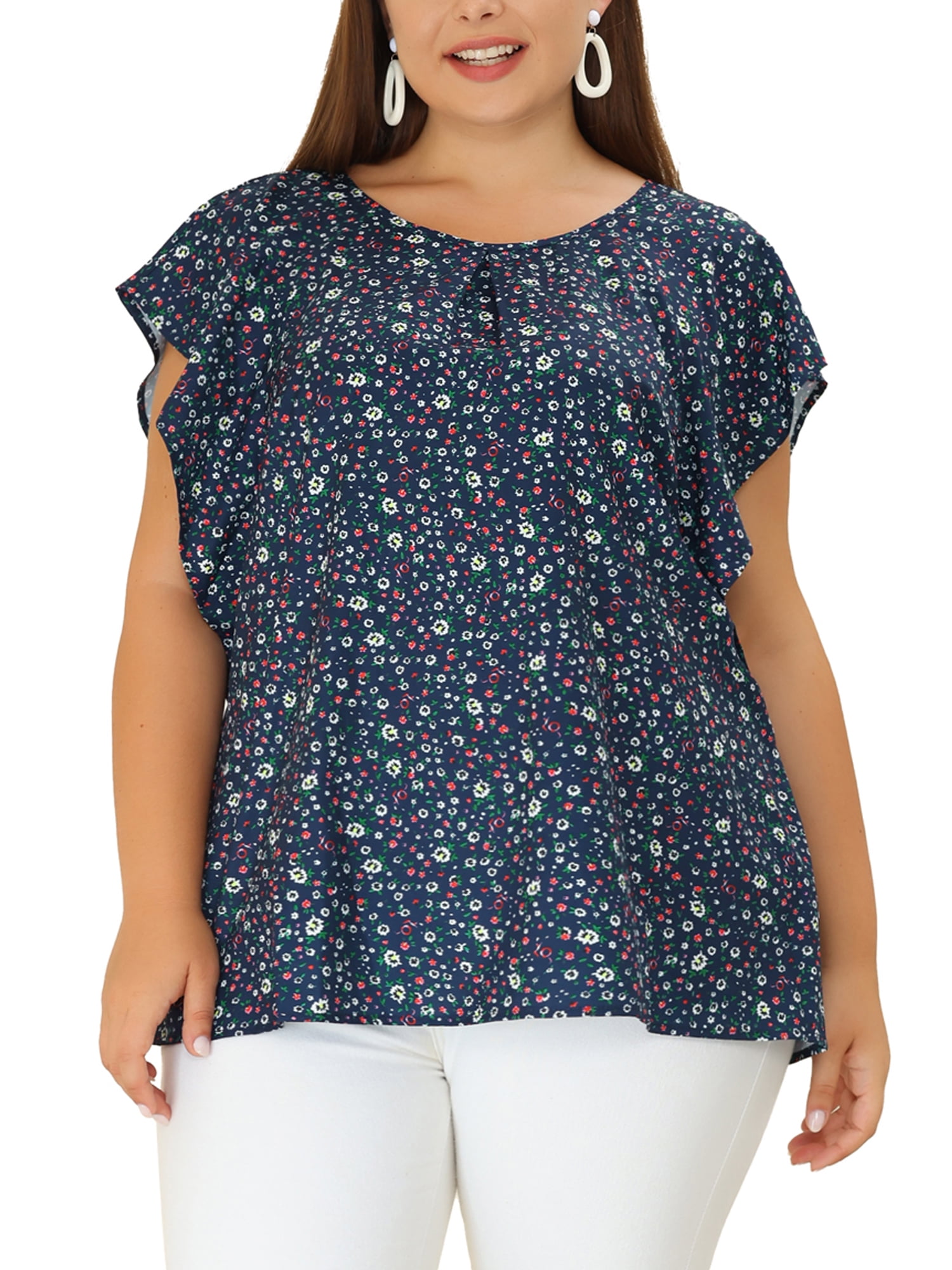 Unique Bargains Women's Plus Size Outfits Flare Short Sleeve Polka Dots Chiffon Blouse