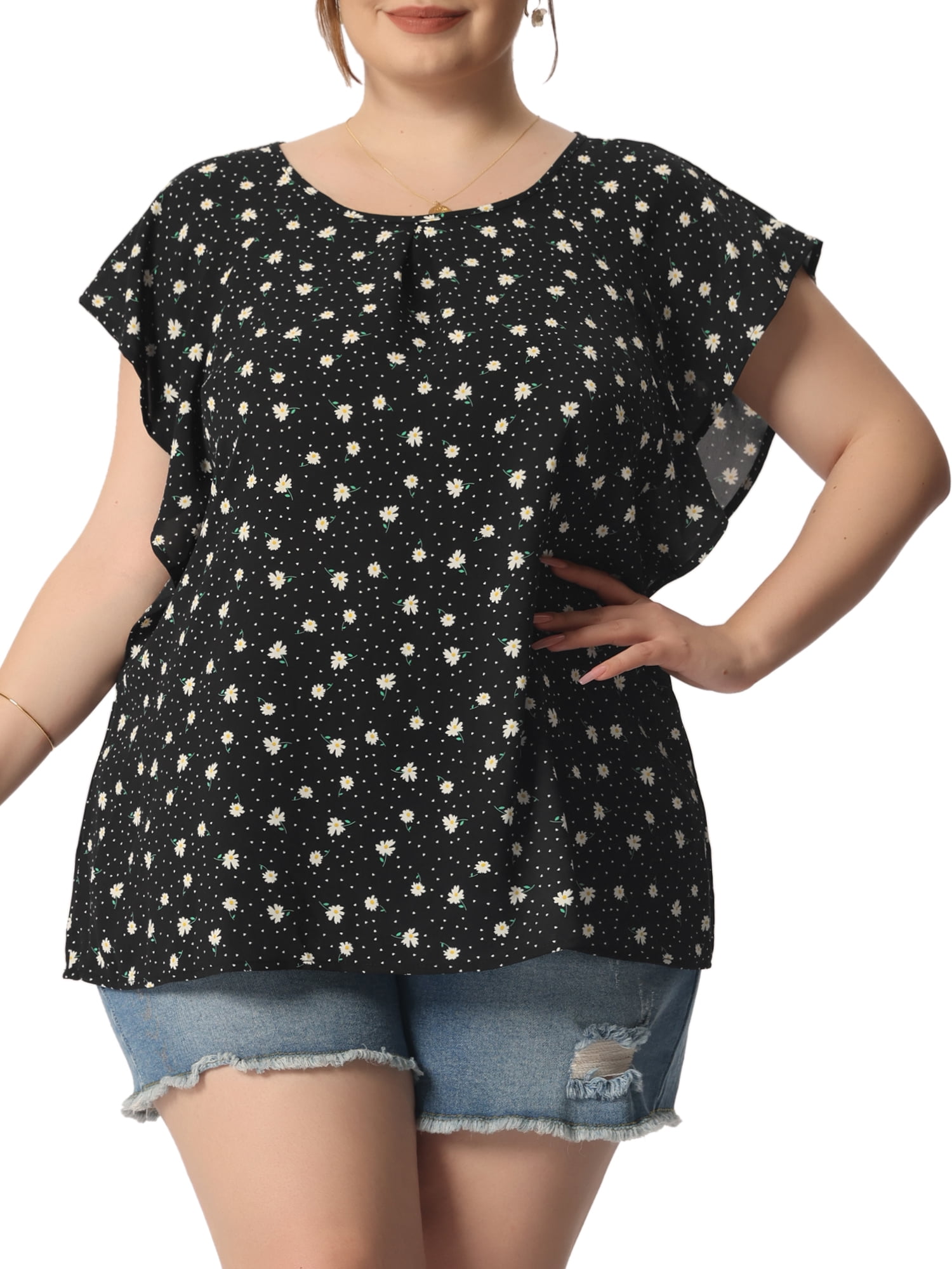 Unique Bargains Women's Plus Size Outfits Flare Short Sleeve Polka Dots Chiffon Blouse