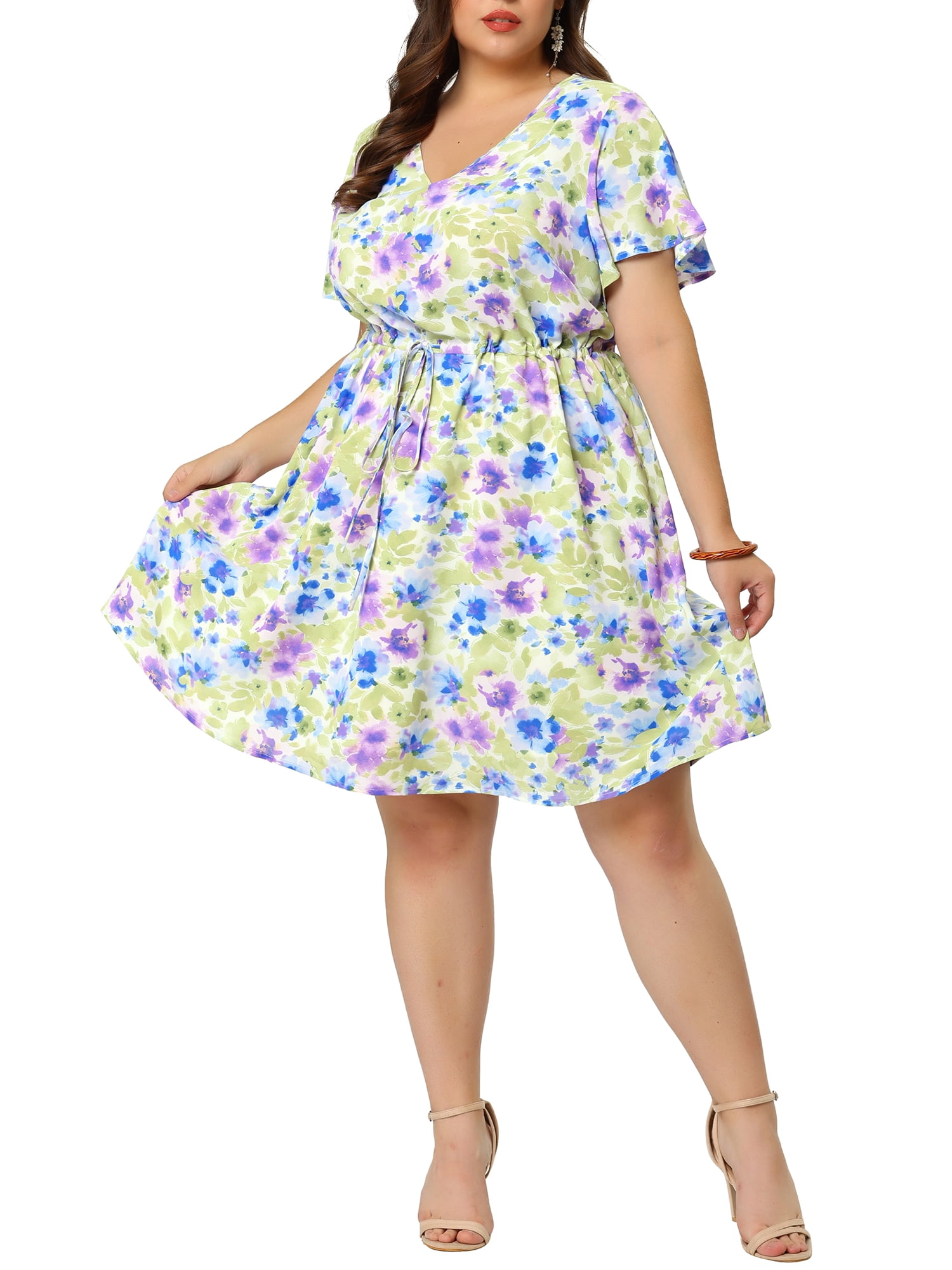 Unique Bargains Women s Plus Size Outfits Floral Drawstring Waist