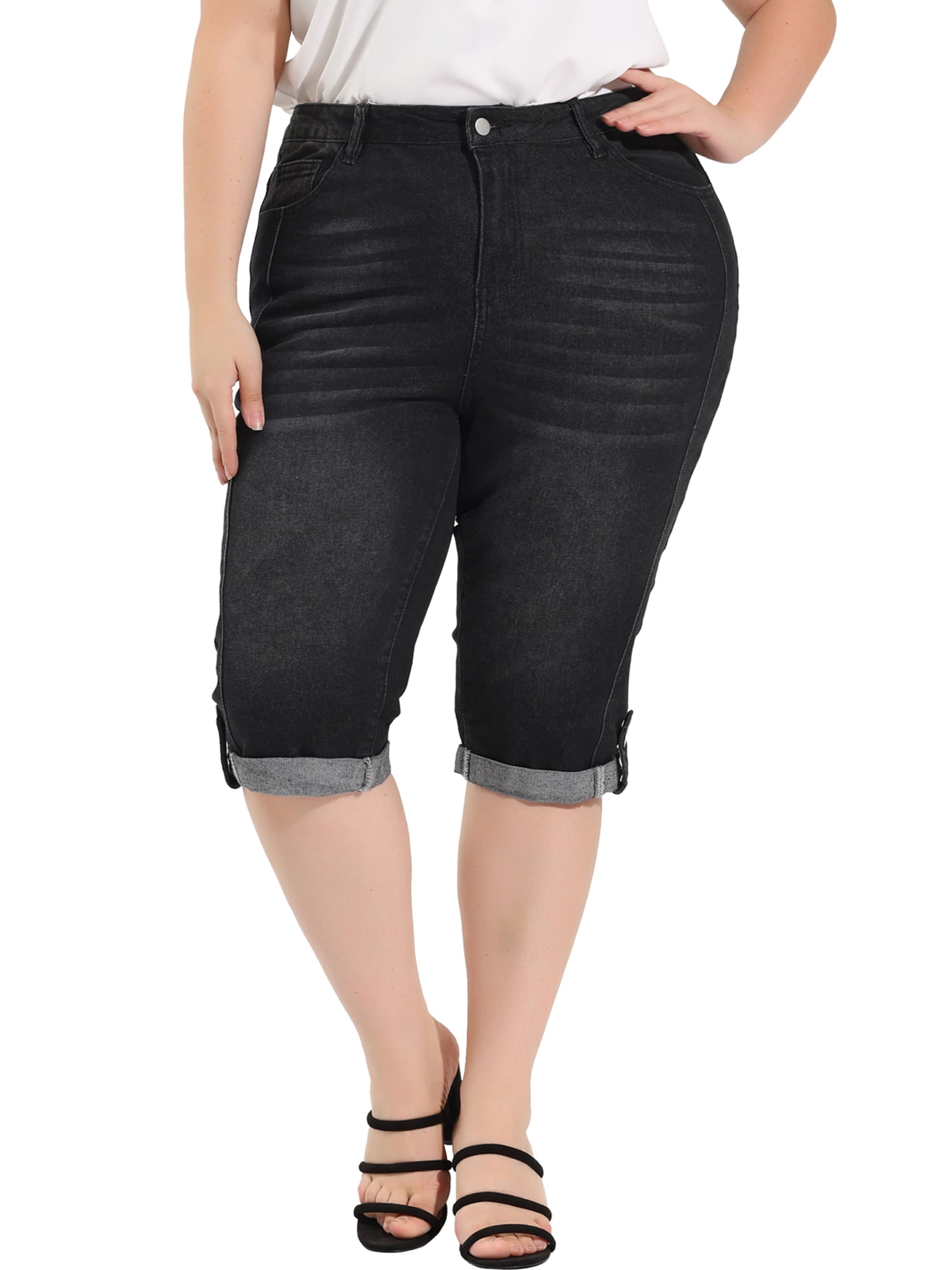 Unique Bargains Women's Plus Size Outfits Skinny Stretch Jeans Capri at Knee Denim Shorts Black 1X