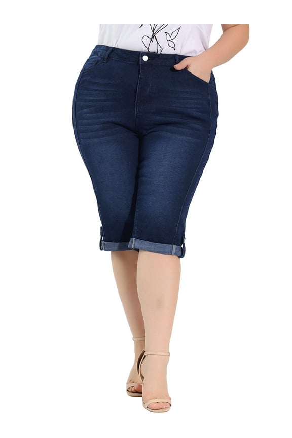 Women's Plus Size Outfits Skinny Stretch Jeans Capri at Knee Denim Shorts Dark Blue 3X
