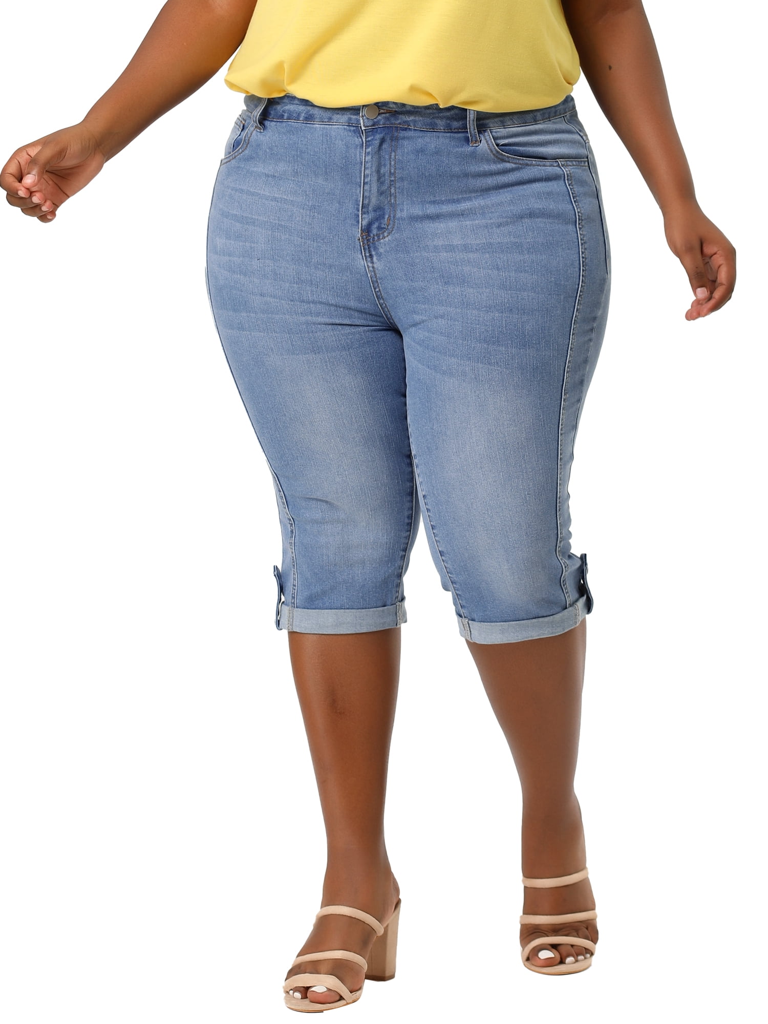 Unique Bargains Women's Plus Size Outfits Skinny Stretch Jeans Capri at Knee Denim Shorts Light Blue 4X