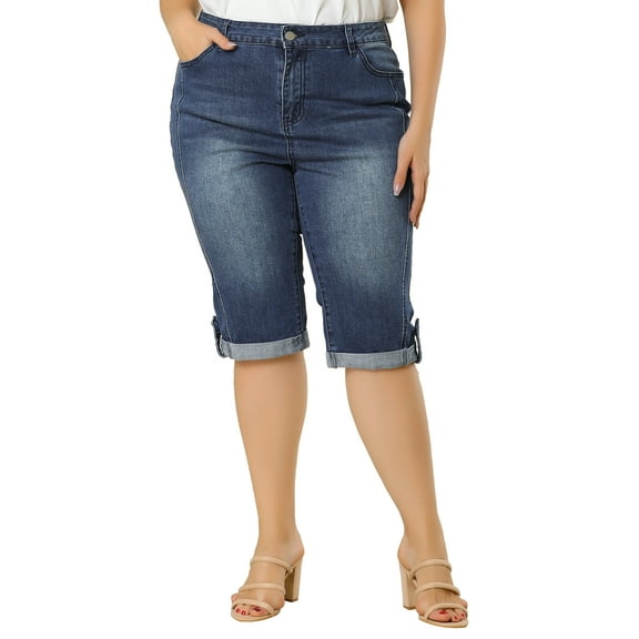 Unique Bargains Women's Plus Size Outfits Skinny Stretch Jeans Capri at Knee Denim Shorts Blue 2X