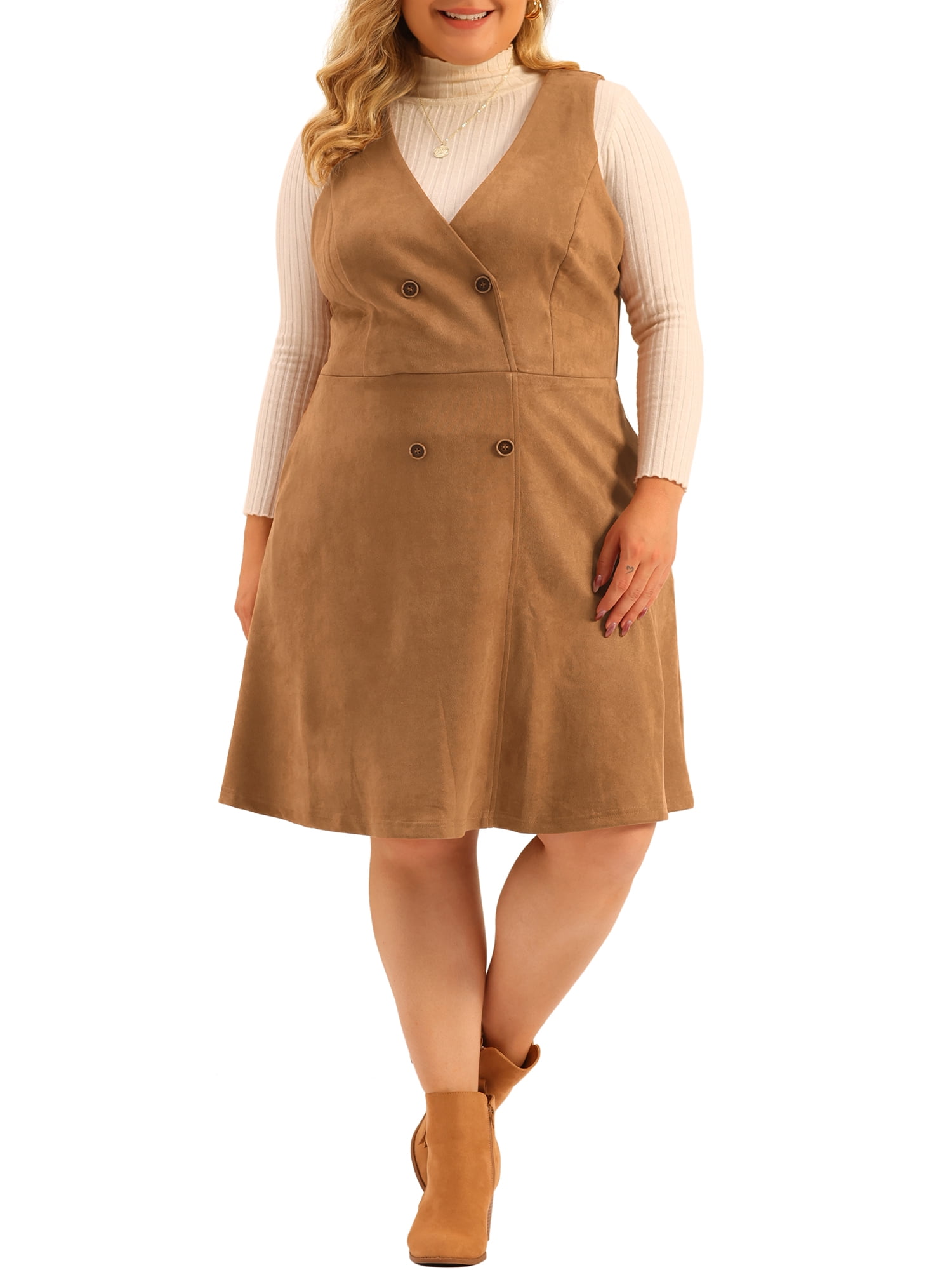 Unique Bargains Women's Plus Size Overall Button Casual Faux Suede Dress 1X Brown