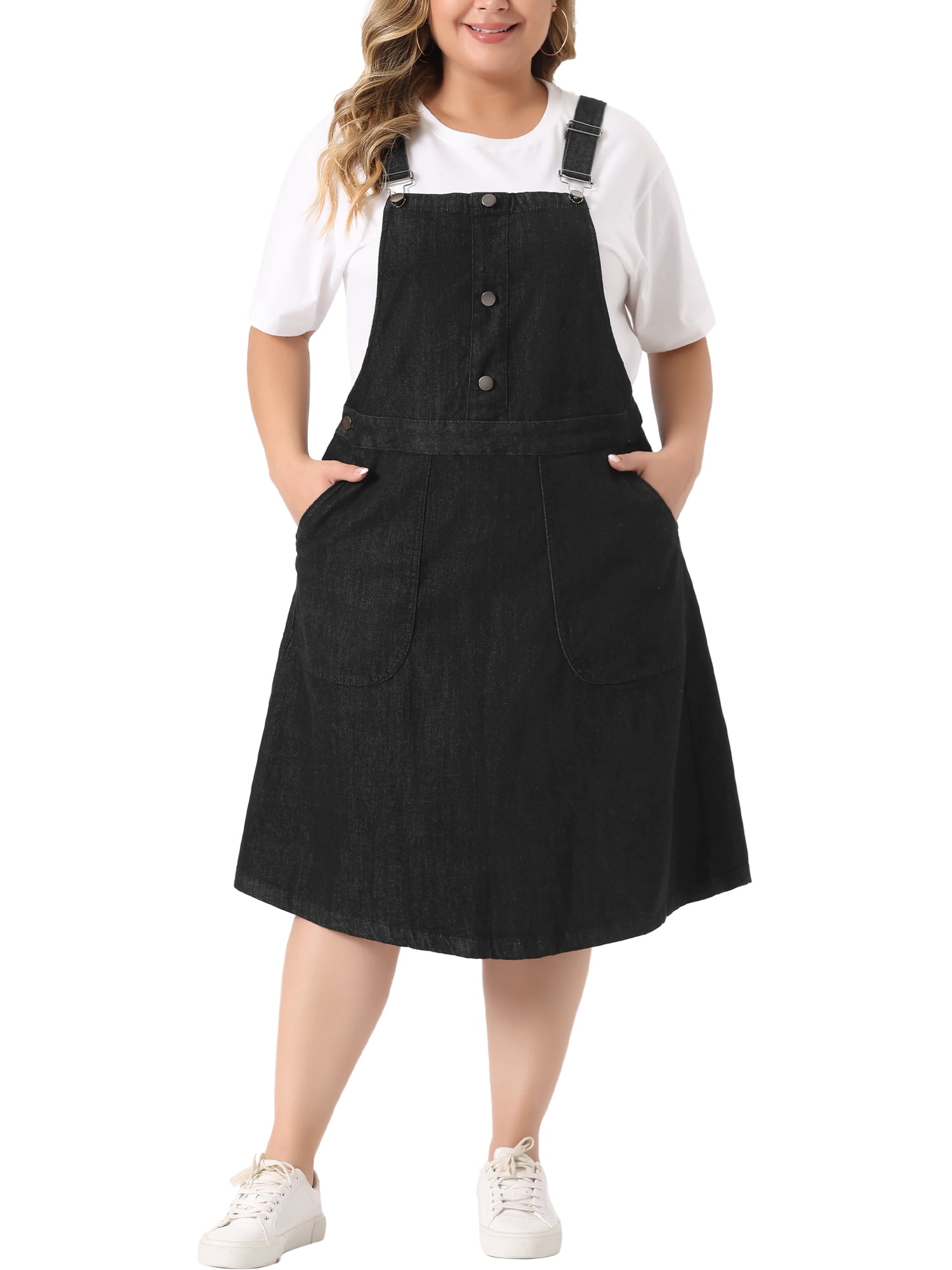 Unique Bargains Women's Plus Size Overall Button Up Adjustable Strap Denim Dress 2X Black
