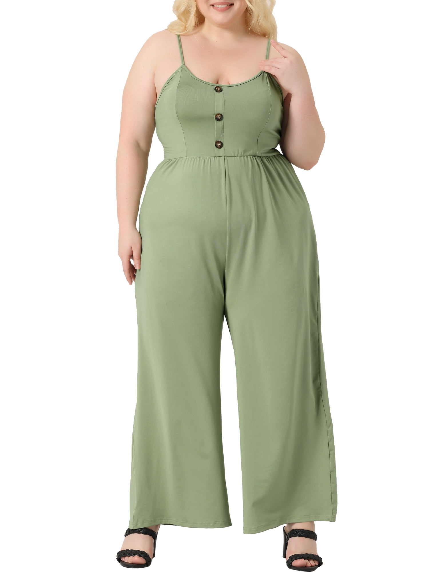 Unique Bargains Women's Plus Size Overall Camisole with Pockets Rompers Jumpsuits 2X Green