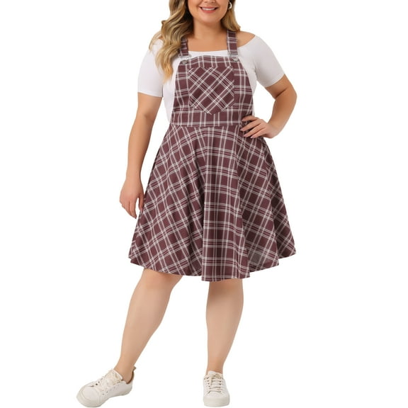 Unique Bargains Women's Plus Size Overall Pinafore Adjustable Straps Swing Short Dress 2X Red White