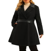Unique Bargains Women's Plus Size Overcoat Leather Notched Lapel Long Trench Coats Jacket