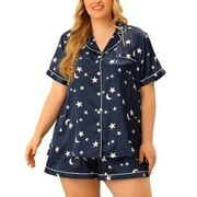 Unique Bargains Women's Plus Size Pajamas Set Single Breasted Short Sleeve Sleepwear 1X Dark Blue