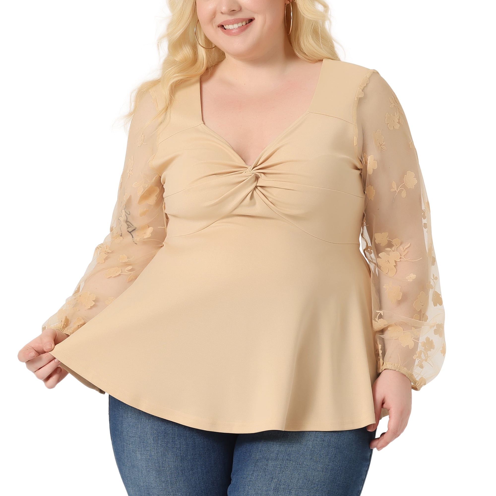 Unique Bargains Women's Plus Size Panel Heart Sheer Mesh Long Sleeve Shirts Blouses 1X Beige
