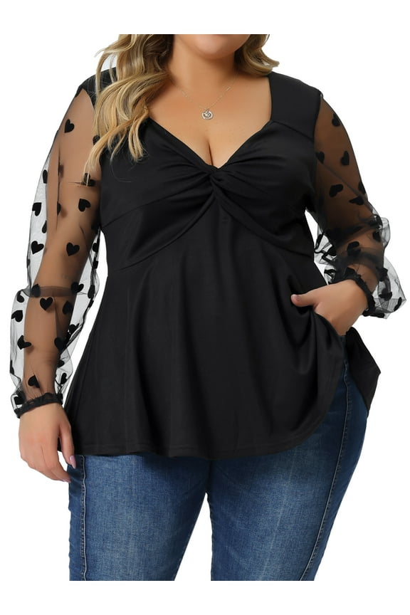 Women's Plus Size Panel Heart Sheer Mesh Long Sleeve Shirts Blouses 1X Black