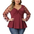 thumbnail image 1 of Unique Bargains Women's Plus Size Panel Heart Sheer Mesh Long Sleeve Shirts Blouses 1X Burgundy, 1 of 6