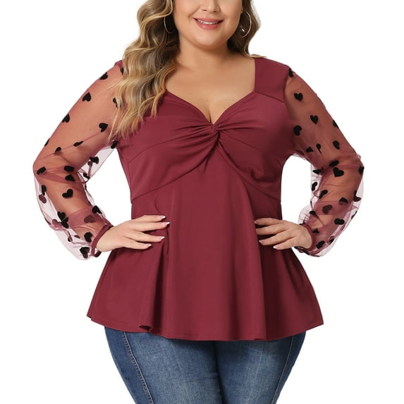 Unique Bargains Women's Plus Size Panel Heart Sheer Mesh Long Sleeve Shirts Blouses 1X Burgundy