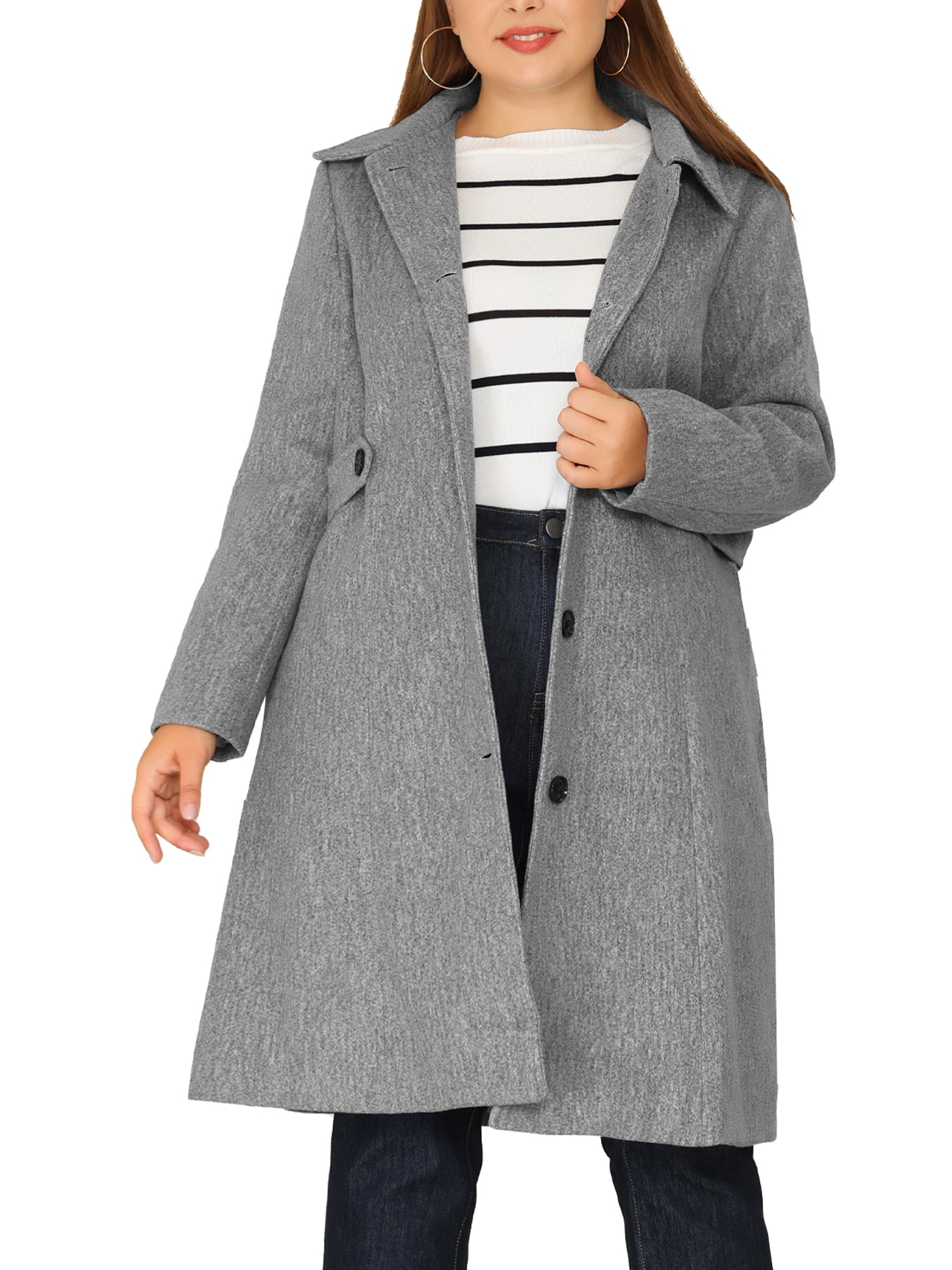 Unique Bargains Women's Plus Size PeaCoat Long Sleeve Utility Overcoat
