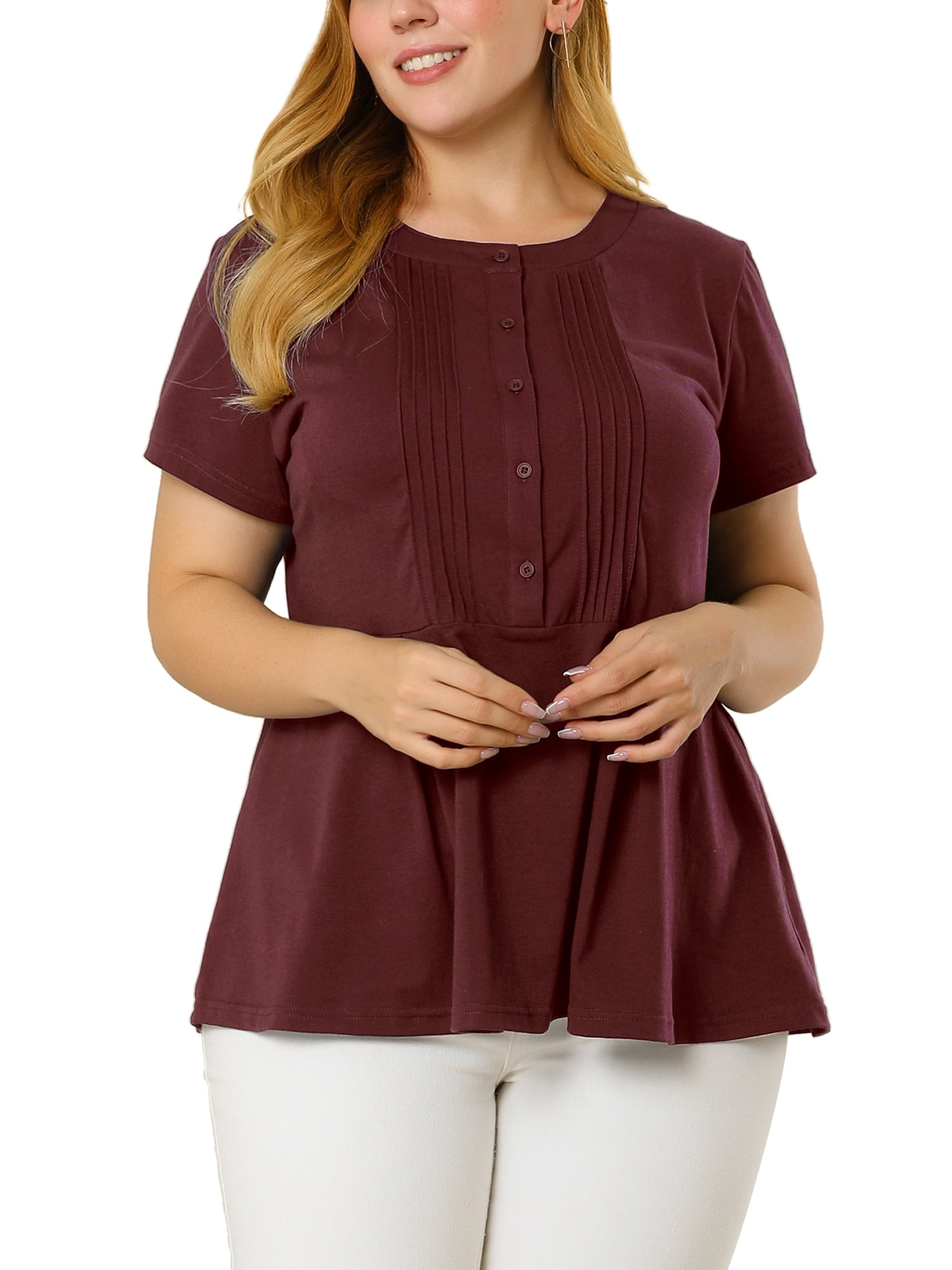 Unique Bargains Women's Plus Size Pintuck Half Placket Short Sleeve Peplum T-Shirt