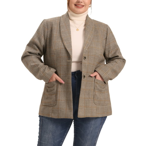 DARING DIVA Women's Plus Plaid Lapel Jacket Work Single Breasted Blazers Brown 1X