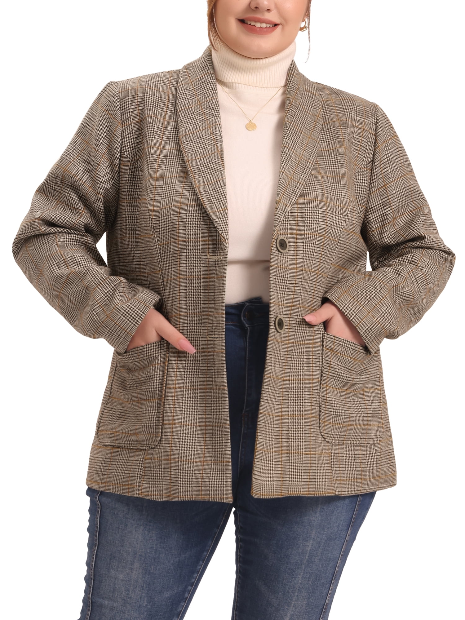 Unique Bargains Women's Plus Size Plaid Blazers Casual Notched