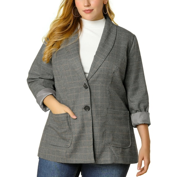 DARING DIVA Women's Plus Plaid Lapel Jacket Work Single Breasted Blazers Grey 2X