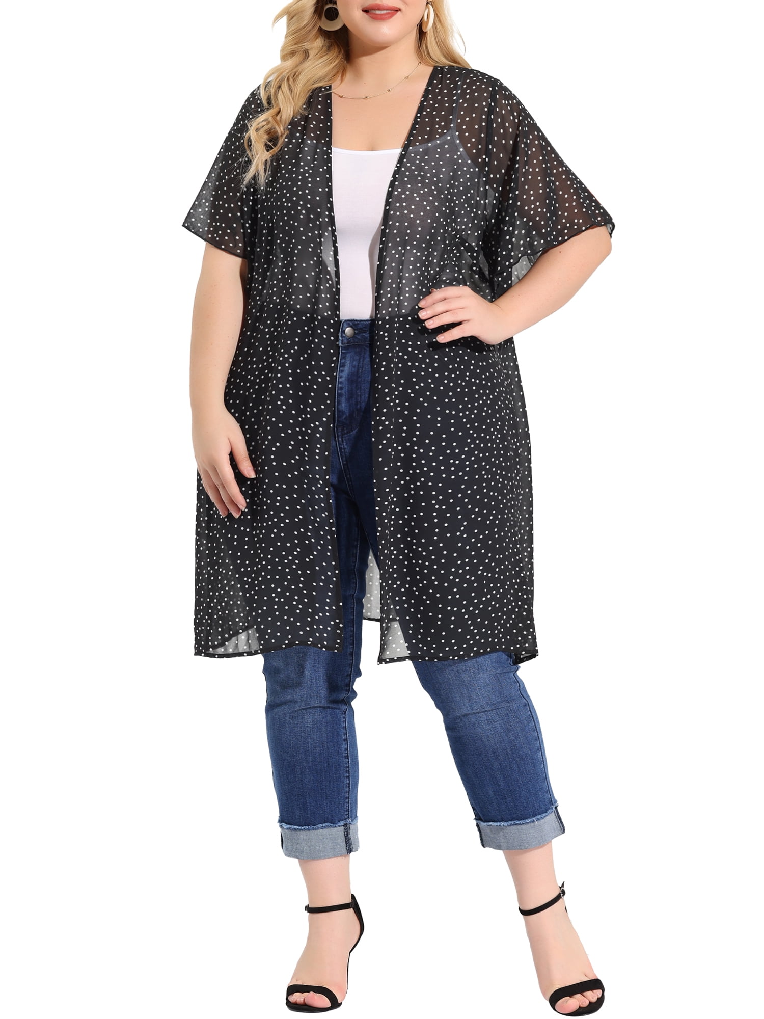 Unique Bargains Women's Plus Size Polka Dots Bell Sleeve Chiffon Summer Cardigans 1X Black