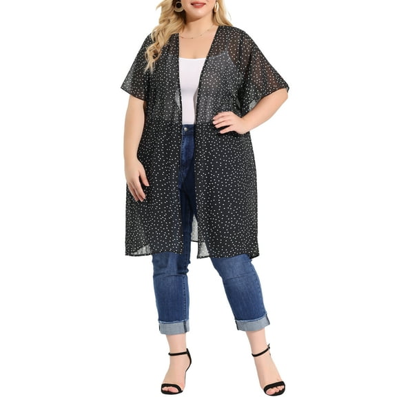 Unique Bargains Women's Plus Size Polka Dots Bell Sleeve Chiffon Summer Cardigans 1X Black