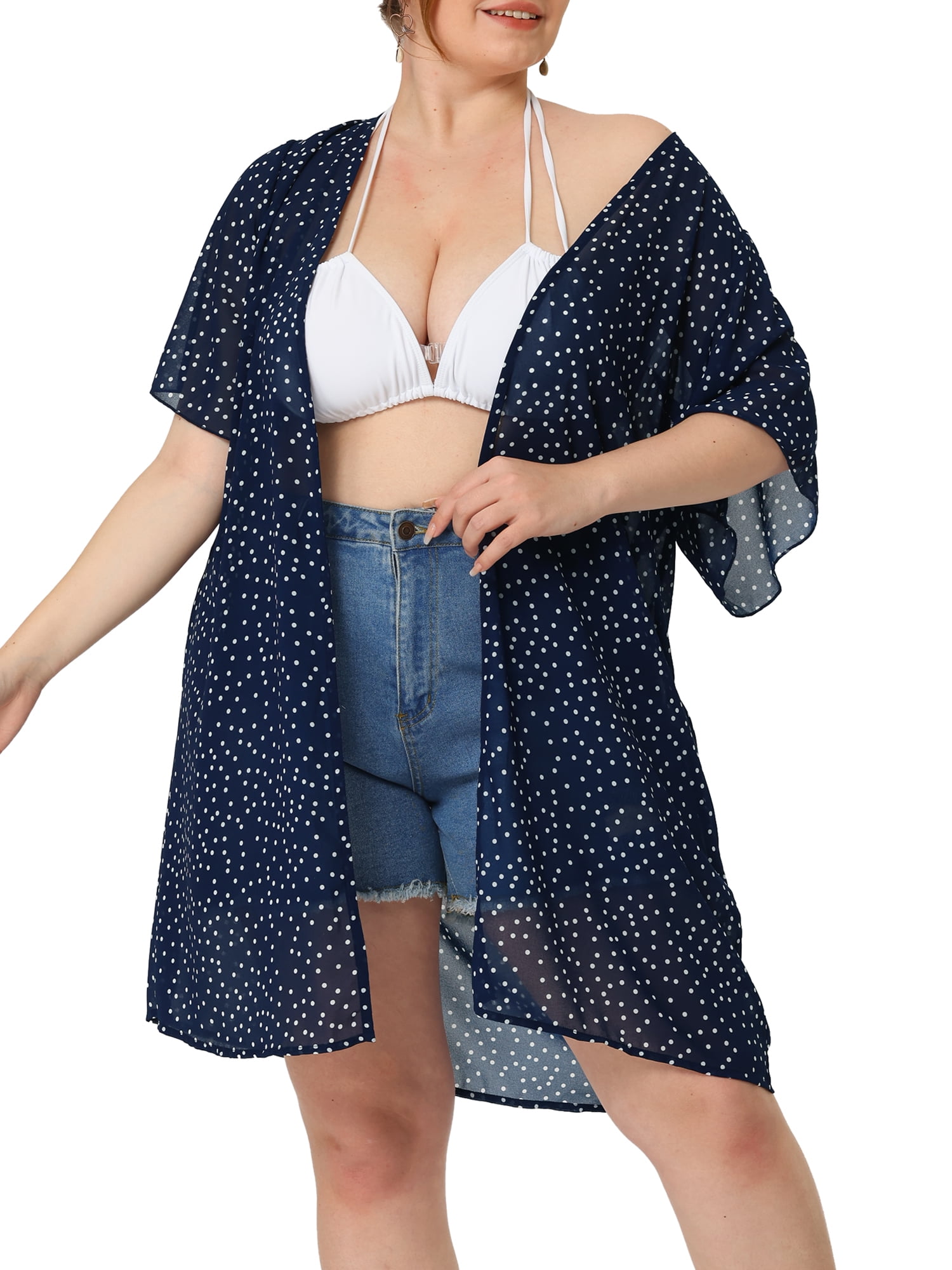 Unique Bargains Women's Plus Size Polka Dots Bell Sleeve Chiffon Summer Cardigans 1X Dark Blue