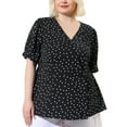 thumbnail image 1 of Unique Bargains Women's Plus Size Polka Dots V Neck Short Sleeve Wrap Peplum Top 1X Black, 1 of 7