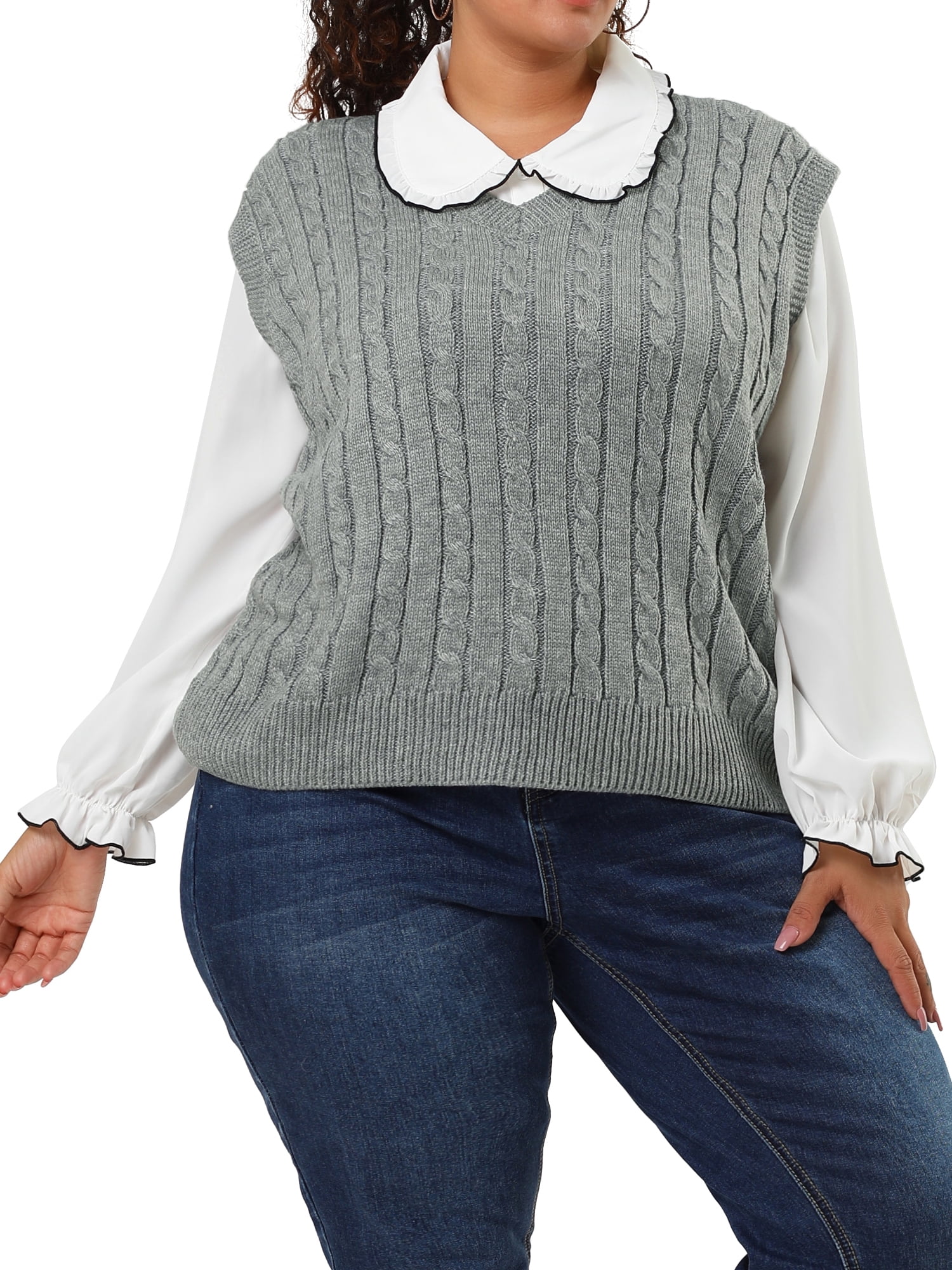 Unique Bargains Women's Plus Size V Neck Cable Knit Sweaters Tank Tops 4X Gray