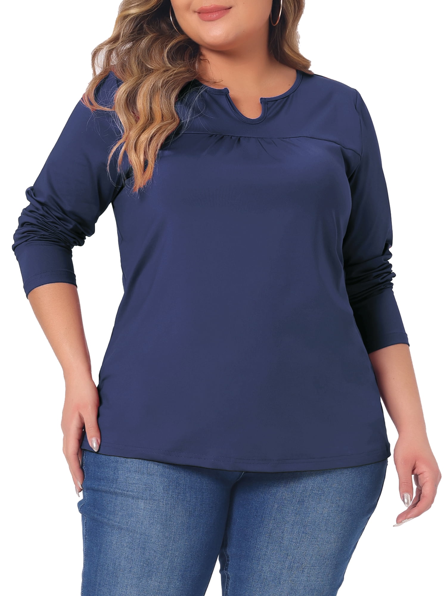 DARING DIVA Women's Plus Size Long Sleeve Notched Neck Loose Tops 1X Dark Blue