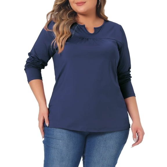 Unique Bargains Women's Plus Size Round Neck Long Sleeved T-Shirts Loose Tunic Blouses 1X Dark Blue
