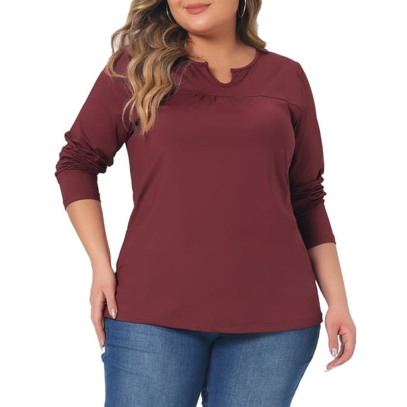 Unique Bargains Women's Plus Size Round Neck Long Sleeved T-Shirts Loose Tunic Blouses 2X Burgundy