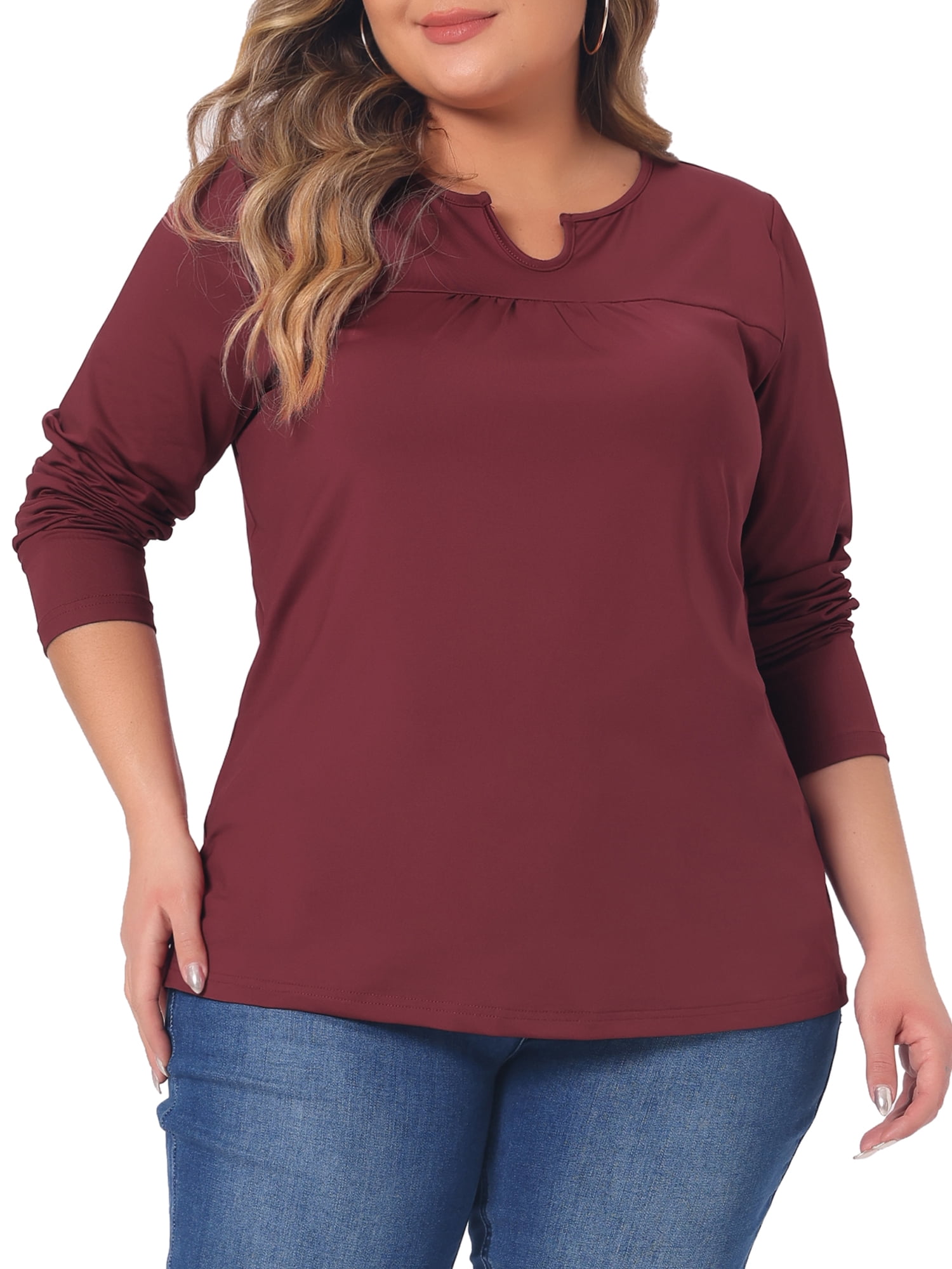 DARING DIVA Women's Plus Size Long Sleeve Notched Neck Loose Tops 4X Burgundy