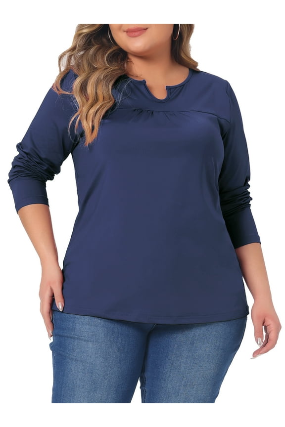 Women's Plus Size Round Neck Long Sleeved T-Shirts Loose Tunic Blouses 4X Dark Blue