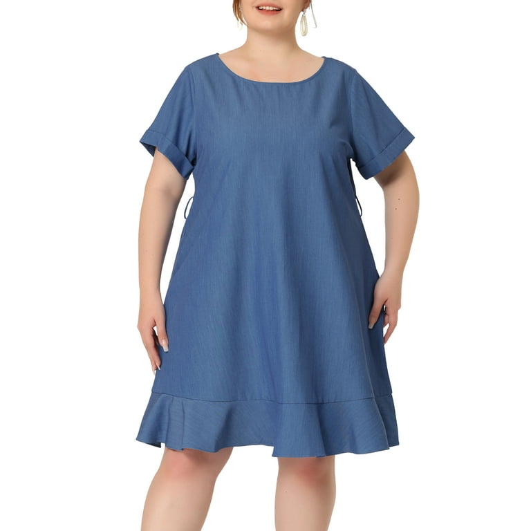 Unique Bargains Women s Plus Size Round Neck Roll Up Sleeve Ruffle Chambray Midi Dresses 1X Dark Blue Walmart