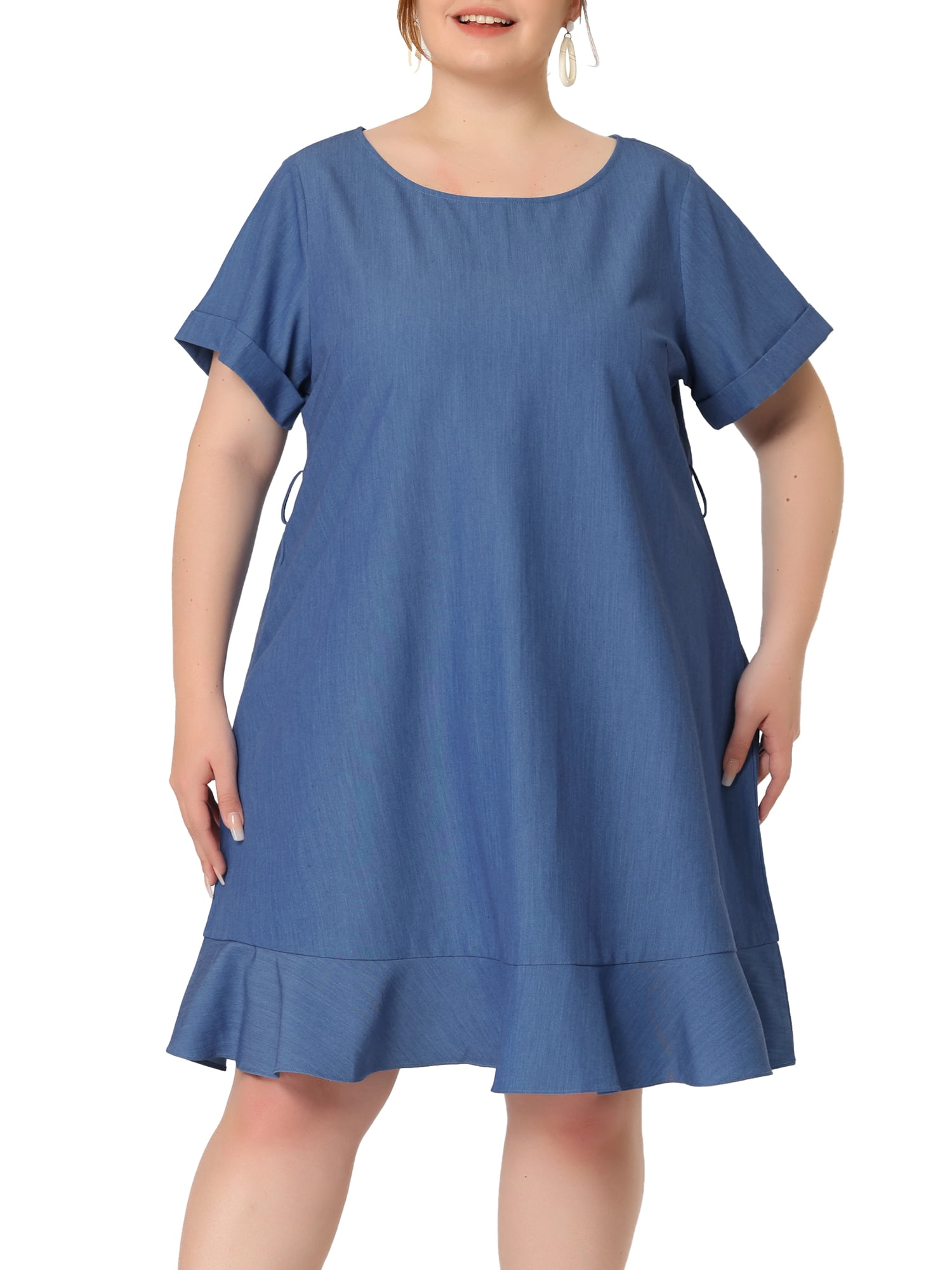 Unique Bargains Women s Plus Size Round Neck Roll Up Sleeve
