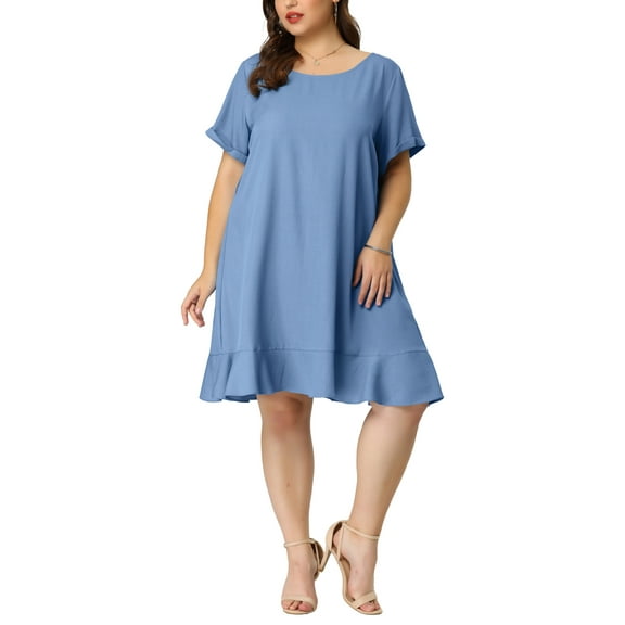 Unique Bargains Women's Plus Size Round Neck Roll Up Sleeve Ruffle Chambray Midi Dresses 4X Light Blue