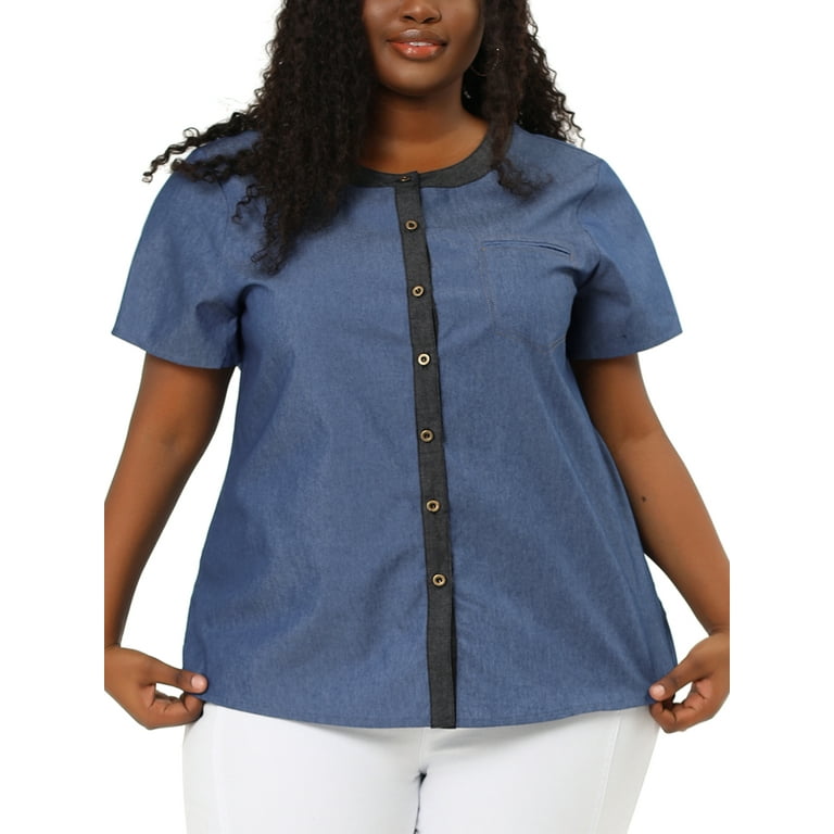 Unique Bargains Women s Plus Size Round Neck Short Sleeve Button